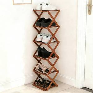 lot 26689 image: Fengzhizhu Bamboo Shoe Rack 6 Tier Foldable Shoe Rack Narrow Vertical Shoe Organizer Free Standing Shelf, Multifunctional Slim Storage for Entryway, Corner, Bedroom, Hallway, Walnut Color - Retail $32