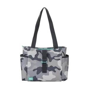 lot 26718 image: BUILT Crosstown Water Resistant Polyester Tote with Shoulder Strap, Concrete Grey Camo, Lightweight, Insulated, and Reusable - Retail $18