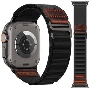 lot 32832 image: MRAIN-H Alpine Loop with Leather Design Compatible with Apple Watch Bands Ultra 3 2 1 (49mm) & Series 11 10 9 8 7 6 5 4 SE 3 2 1 (46mm 45mm 44mm), Soft Stretchy Nylon Sport Band for iWatch Men Women - Retail $10