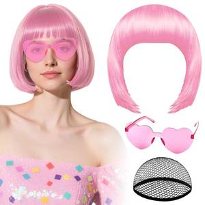 lot 40471 image: PLULON Pink Bob Wig with Heart Sunglasses and Hair Cap, Colorful Short Bob Wigs Synthetic Party Wigs Funny Cosplay Hairpieces for Women Men Daily Bachelorette Halloween Costume Party Decorations - Retail $12