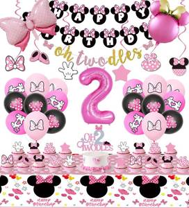 lot 40477 image: Pink Mouse 2nd Birthday Party Supplies, Oh Twodles Girl Second Party Decorations Includes Happy Birthday Banner, Hanging Swirls, Tablecloth, Cake Cupcake Toppers, Bow Foil Balloon, Latex Balloons - Retail $21