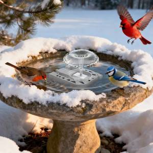 lot 49411 image: 500W Bird Bath Heater with Fountain, Outdoor Cast Aluminum Submersible De-Icer with Thermostat, Birds Bath Water Heater for Winter, Chicken Waterer & Pond Heater with 9.8 Ft Cord - Retail $18