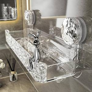 lot 49420 image: AYWSTC Shower Caddy Suction Cup, Wall Mounted Suction Shower Rack Organizer, No Drilling Clear Shelf Basket with 4 Movable Hooks, Bathroom Storage Rack Suitable for Smooth Walls - Retail $17