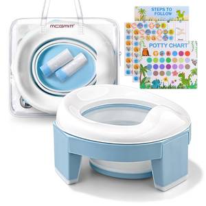 lot 49427 image: MCGMITT Potty Training Toilet Seat for Toddlers Boys Girls, Portable Baby Toilet Folding Kids Potty Chair Cover with Splash Guard for Travel, Including 3 Non-Slip Feet and Storage Bag (Blue) - Retail $23