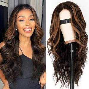 lot 49429 image: AISI HAIR Dark Brown with Highlights Wig for Women, Long Wavy Lace Hairline Middle Part Synthetic Heat Resistant Wig for Daily Party-26 Inch - Retail $34