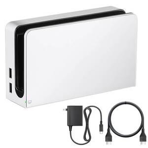 lot 49435 image: TV Dock Station with Ethernet LAN Port - 3 in 1 Replacement Switch and OLED TV Base Docking Set with Upgraded IC Module, Charger, HDMI Cable Accessories - Not for Switch 2 (White) - Retail $50