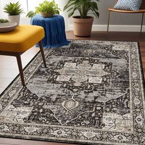 lot 49441 image: Washable 3x5 Area Rug - Soft Area Rugs for Living Room Stain Resistant Carpet Vintage Lightweight Rugs for Bedroom Kitchen entryway with Non Slip Backing Home Decor Small Mat 3X5 Black - Retail $20