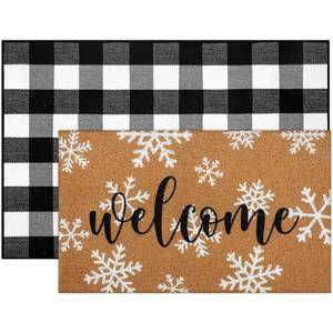 lot 49442 image: Tinideya 2 Pcs Winter Door Mat Outdoor Snowflake Welcome Mats for Front Door Non Slip Winter Coir Doormat Layering Black White Check Rug for Outside Front Porch Entryway Decor - Retail $28