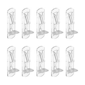 lot 51259 image: PATIKIL 10 Pcs Locking Shelf Pins, Clear Plastic Locking Shelf Support Pegs Cabinet Bracket Clips Fits 5mm Peg Hole 16mm(316) Thick Shelf for Kitchen Cabinet Furniture - Retail $8