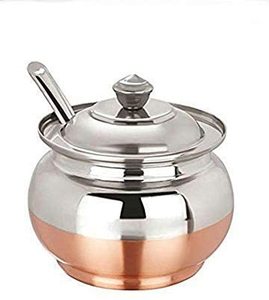lot 51261 image: Stainless Steel Copper Bottom Ghee Pot Ghee Container with Spoon and Lid Ghee Dispenser Serve ware Bowls Multipurpose Storage Pot for Kitchen - Retail $10