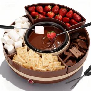 lot 59518 image: JoyMech Cheese & Chocolate Fondue Machine, Candy Melting Pot for Party, Electric Fondue Pot Set, Chocolate Warmer, Hot Chocolate Maker, 4-Section Food Tray, Brown - Retail $40
