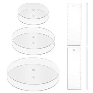 lot 59527 image: Ailaxq Acrylic Round Cake Discs Set 6.5, 8.5, 10.5 2 Circles Each Size, Comb Icing Scraper, Edge Smoother Cream Scraper - Retail $30