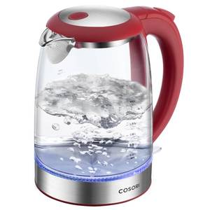 lot 59529 image: Cosori Electric Kettle, No Plastic Filter & Spout, Tea Kettle & Hot Water Boiler For Coffee & Tea, Water Heater & Teapot, Automatic Shut Off, Borosilicate glass, Red, 1.7L1500W - Retail $28