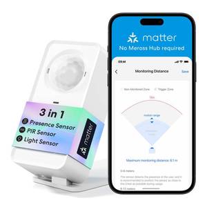 lot 59530 image: meross Matter Human Presence Sensor, 3-in-1 PIR & Light & mmWave Radar Motion Sensor, AI Motion Detector for Matter Smart Home Automation, Supports HomeKit, Alexa, Google, Home Assistant, 2.4GHz Wi-Fi - Retail $34