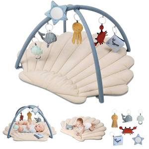 lot 59557 image: Blissful Diary Shell Baby Play Gym Mat, Softer & Enlarged Tummy Time Mat w 6 Detachable Toys for Sensory & Motor Skill Development, Activity Mat for Newborn Essentials Shower Gift, Boho Ocean Theme - Retail $75