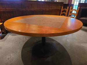 lot 24442 image: Round Oak with French Terracotta Tile Pedestal Dining Table