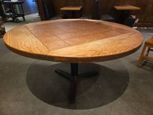 lot 24443 image: Round Oak with French Terracotta Tile Pedestal Dining Table