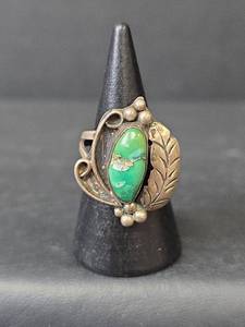 lot 55 image: Native American Handcrafted Sterling Silver Turquoise Leaf Design Ring, Stamped RBK, Size 7, 6.14gm