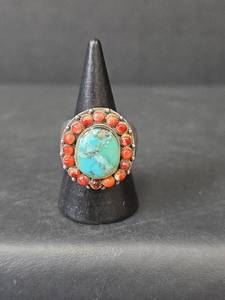 lot 57 image: Turquoise and Coral Sterling Silver Ring, Stamped 925, Size 8.25, 16.34gm