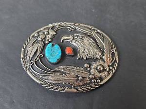 Handcrafted Native American Turquoise & Coral Belt Buckle USA