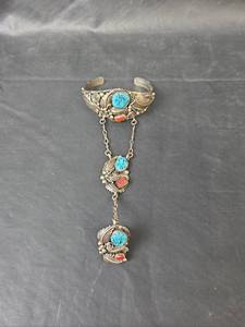 lot 101 image: Native American Sterling Silver Turquoise & Coral Slave Bracelet 46.84gm