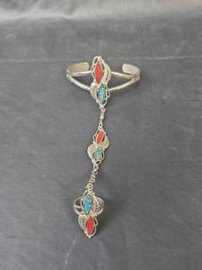 lot 102 image: Native American Style Crushed Turquoise and Coral Slave Bracelet