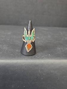lot 108 image: Native American Thunderbird Ring with Turquoise and Coral, Size 5.5, 5.80gm
