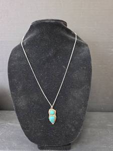 lot 115 image: Native American Sterling Silver Turquoise Double Stone Pendant on Silver Toned Necklace