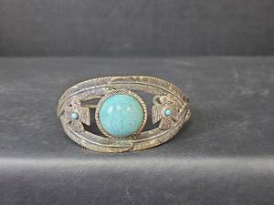 lot 120 image: Navajo Style Sterling Silver Turquoise Feather Cuff Bracelet 28.32gm