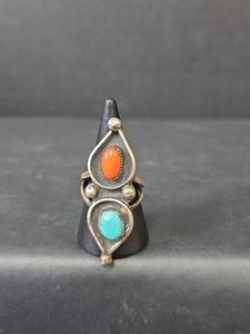 lot 129 image: Native American Sterling Silver Coral and Turquoise Ring, Size 7.5,  8.41gm