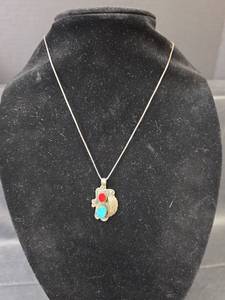 lot 130 image: Native American Sterling Silver Turquoise and Coral Pendant Necklace, 7.2gm