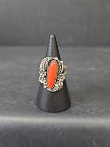 lot 132 image: Native American Coral Sterling Silver Ring, Stamped, Size 5.5, 5.15gm