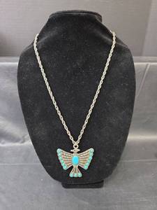 lot 136 image: Native American Thunderbird Turquoise Necklace with Makers Mark, Thunderbird is Non-Magnetic