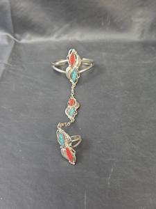 lot 153 image: Native American Style Turquoise and Coral Slave Bracelet, Size 7.75