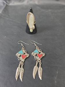 lot 187 image: Native American Style Jewelry Set - Mother of Pearl Ring Size 5.75 and Heart Feather Earrings