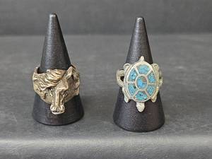 lot 188 image: Western Style Horse Head and Turquoise Turtle Ring Set (Non-Magnetic)