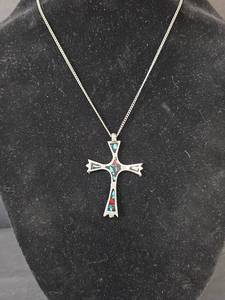 lot 191 image: Southwestern Style Turquoise and Coral Cross Necklace