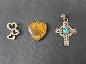 lot 215 image: Sterling Silver Celtic Cross Pendant, Tigers Eye Heart Pendant, and Triple Heart Pendant
