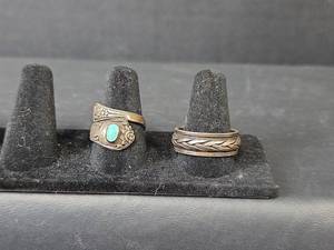 lot 222 image: Sterling Silver Ring Set - Turquoise Spoon Ring and Braided Spin Design Ring - Both Stamped 925
