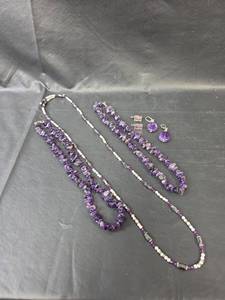 lot 233 image: Amethyst Necklaces and Earring Set with Magnetic and Pearl Necklace