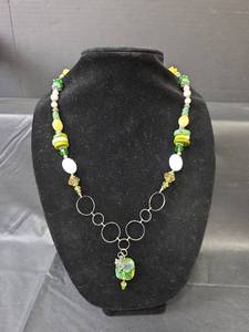 Green and Yellow Dragonfly Statement Necklace with Glass Beads