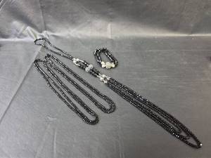 lot 248 image: Black Crystal Necklace and Bracelet Set with Silver Accents