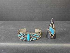 lot 259 image: Southwestern Turquoise Silver Cuff Bracelet and Adjustable Ring