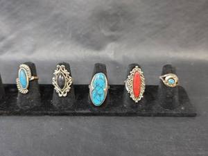 lot 271 image: Southwestern Style Turquoise and Coral Adjustable Ring Collection