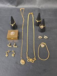 lot 289 image: Gold Tone Jewelry Collection with Decorated Box