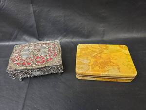 lot 308 image: Ornate Silver Jewelry Box with Mirror and Vintage Bobbin Case