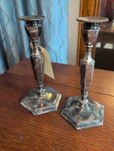 lot 2213 image: Sterling Silver Hexagonal Base Candlesticks