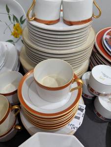 lot 2257 image: Fine China  Set with Orange Trim and Gold Handles