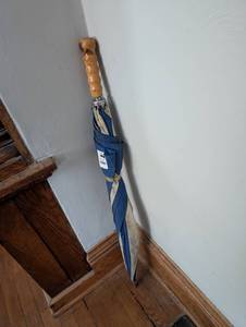 lot 2341 image: Navy Blue and White Umbrella with Wooden Handle