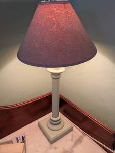 lot 2346 image: Red Lace Shade Table Lamp with White Base